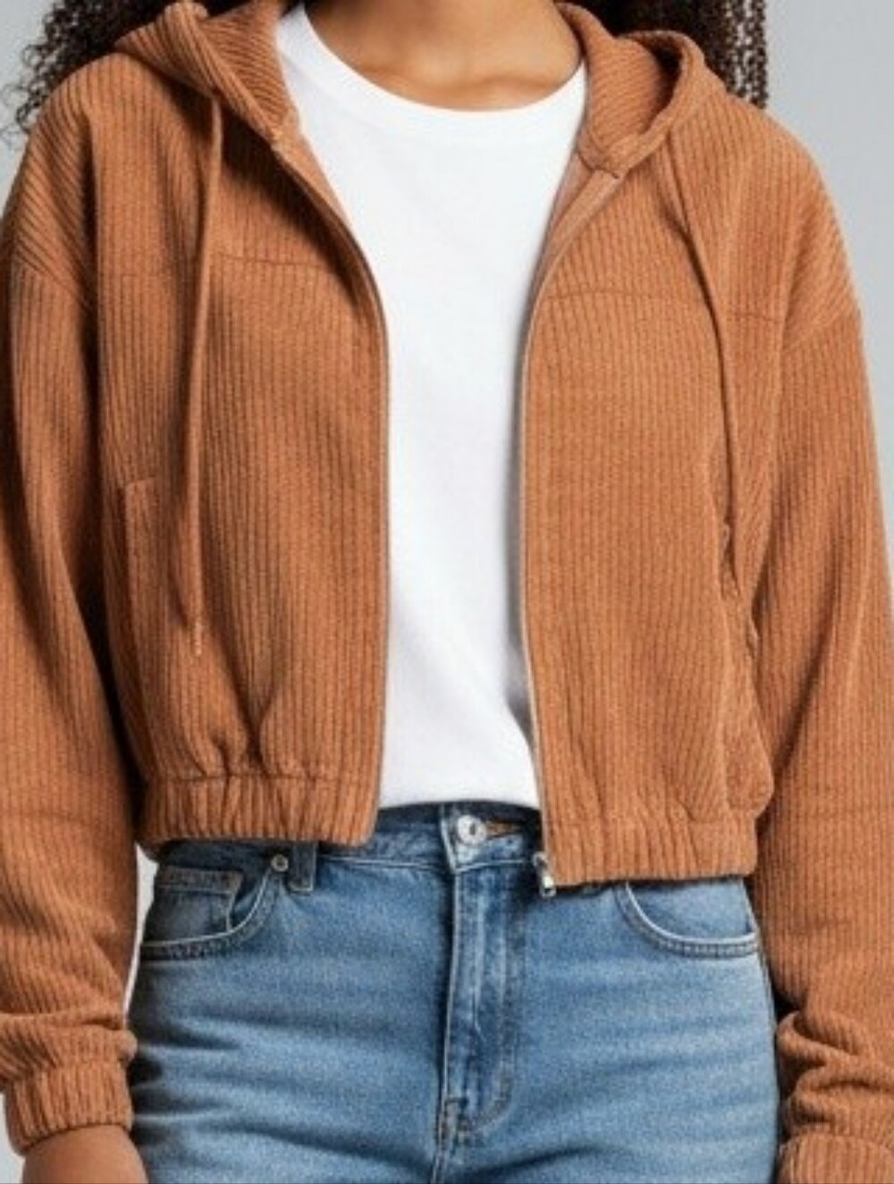 Cropped Ribbed Zip Hooded Jacket - Picture 1 of 8